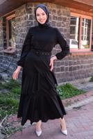 Tesettür giyim SİYAH FIRFIR DETAYLI KEMERLİ ELBİSE T 4080
