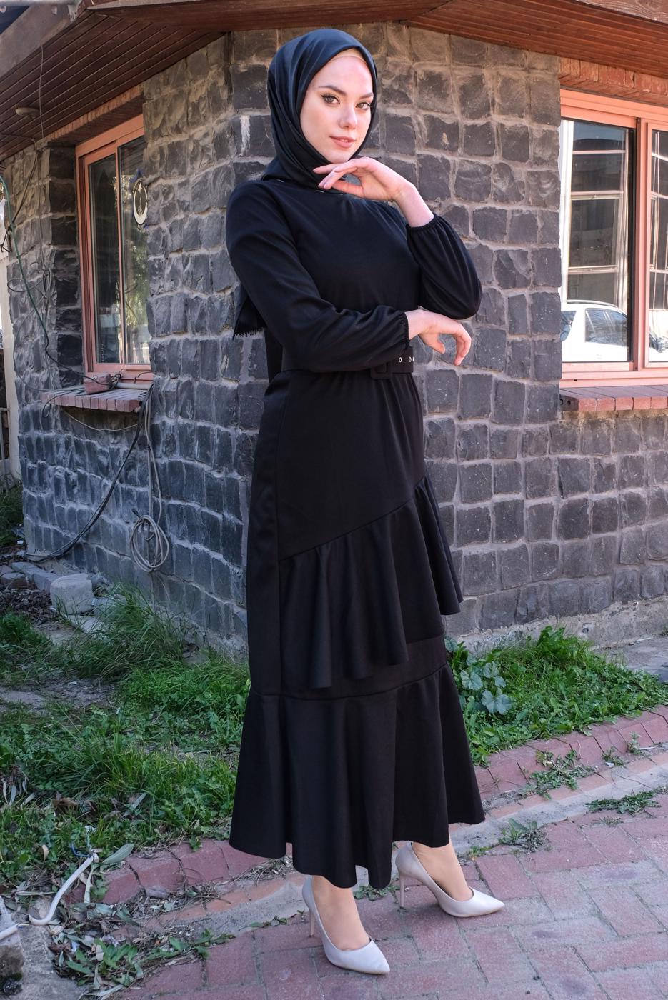 Tesettür giyim SİYAH FIRFIR DETAYLI KEMERLİ ELBİSE T 4080