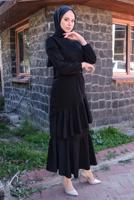 Tesettür giyim SİYAH FIRFIR DETAYLI KEMERLİ ELBİSE T 4080