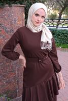 Tesettür giyim KAHVE FIRFIR DETAYLI KEMERLİ ELBİSE T 4080