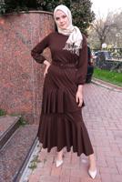 Tesettür giyim KAHVE FIRFIR DETAYLI KEMERLİ ELBİSE T 4080