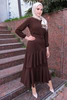 Tesettür giyim KAHVE FIRFIR DETAYLI KEMERLİ ELBİSE T 4080