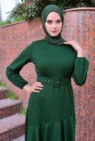 Tesettür giyim YEŞİL FIRFIR DETAYLI KEMERLİ ELBİSE T 4080