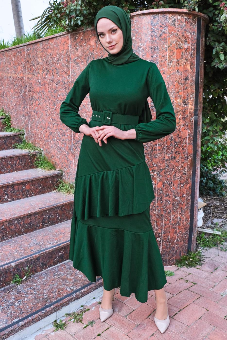 Tesettür giyim YEŞİL FIRFIR DETAYLI KEMERLİ ELBİSE T 4080