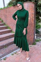 Tesettür giyim YEŞİL FIRFIR DETAYLI KEMERLİ ELBİSE T 4080