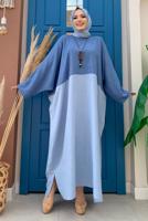 Tesettür giyim MAVİ İKİ RENKLİ YARASA KOL SALAŞ ELBİSE T 4083
