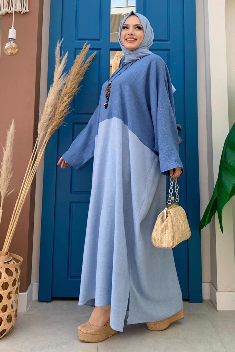 Tesettür giyim MAVİ İKİ RENKLİ YARASA KOL SALAŞ ELBİSE T 4083