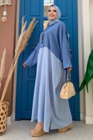 Tesettür giyim MAVİ İKİ RENKLİ YARASA KOL SALAŞ ELBİSE T 4083
