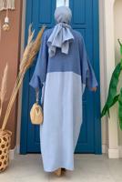 Tesettür giyim MAVİ İKİ RENKLİ YARASA KOL SALAŞ ELBİSE T 4083