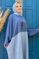Tesettür giyim MAVİ İKİ RENKLİ YARASA KOL SALAŞ ELBİSE T 4083