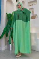 Tesettür giyim YEŞİL İKİ RENKLİ YARASA KOL SALAŞ ELBİSE T 4083