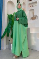 Tesettür giyim YEŞİL İKİ RENKLİ YARASA KOL SALAŞ ELBİSE T 4083