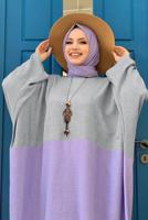 Tesettür giyim GRİ İKİ RENKLİ YARASA KOL SALAŞ ELBİSE T 4083