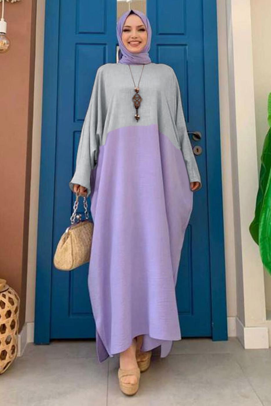 Tesettür giyim GRİ İKİ RENKLİ YARASA KOL SALAŞ ELBİSE T 4083