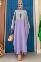 Tesettür giyim GRİ İKİ RENKLİ YARASA KOL SALAŞ ELBİSE T 4083