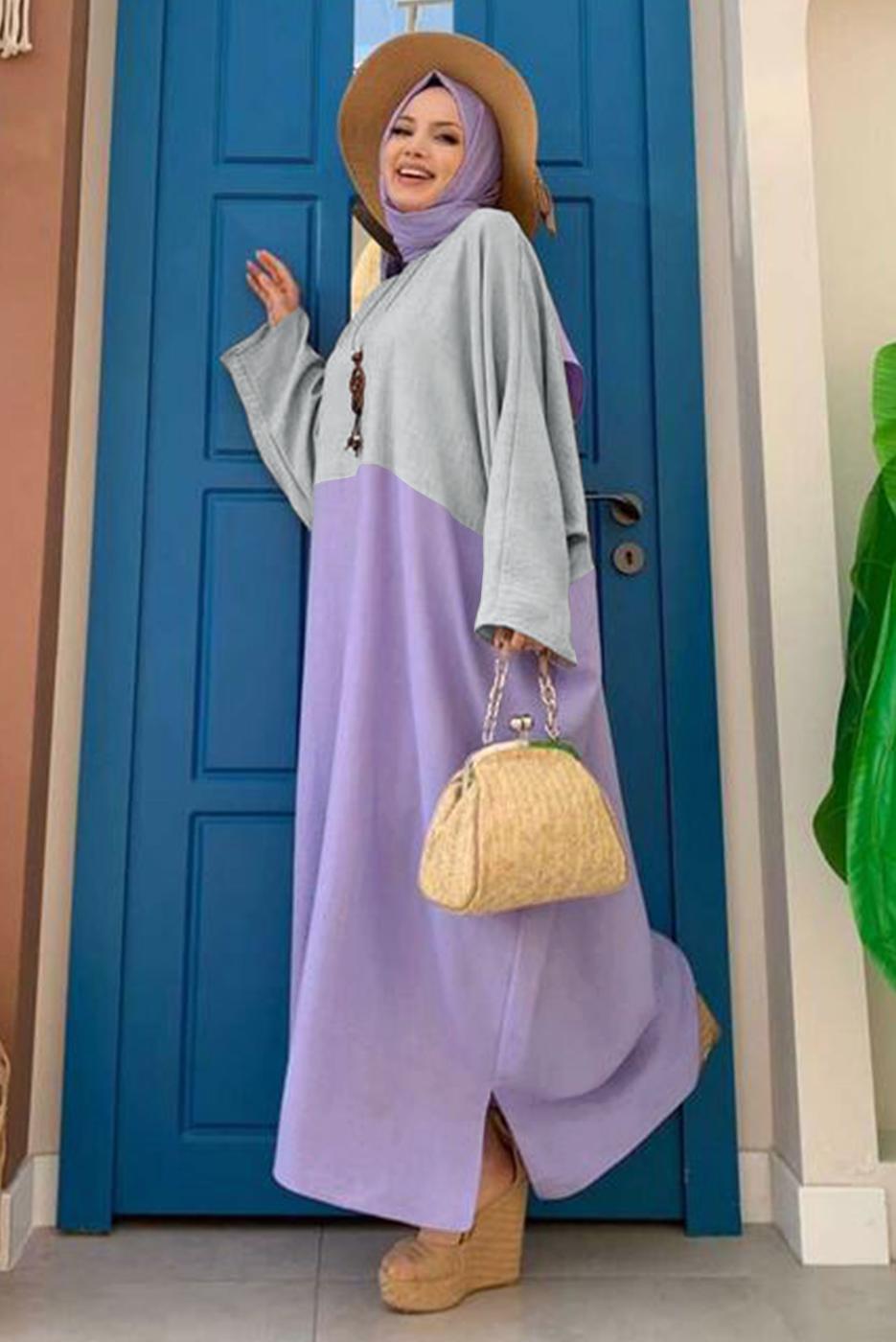 Tesettür giyim GRİ İKİ RENKLİ YARASA KOL SALAŞ ELBİSE T 4083