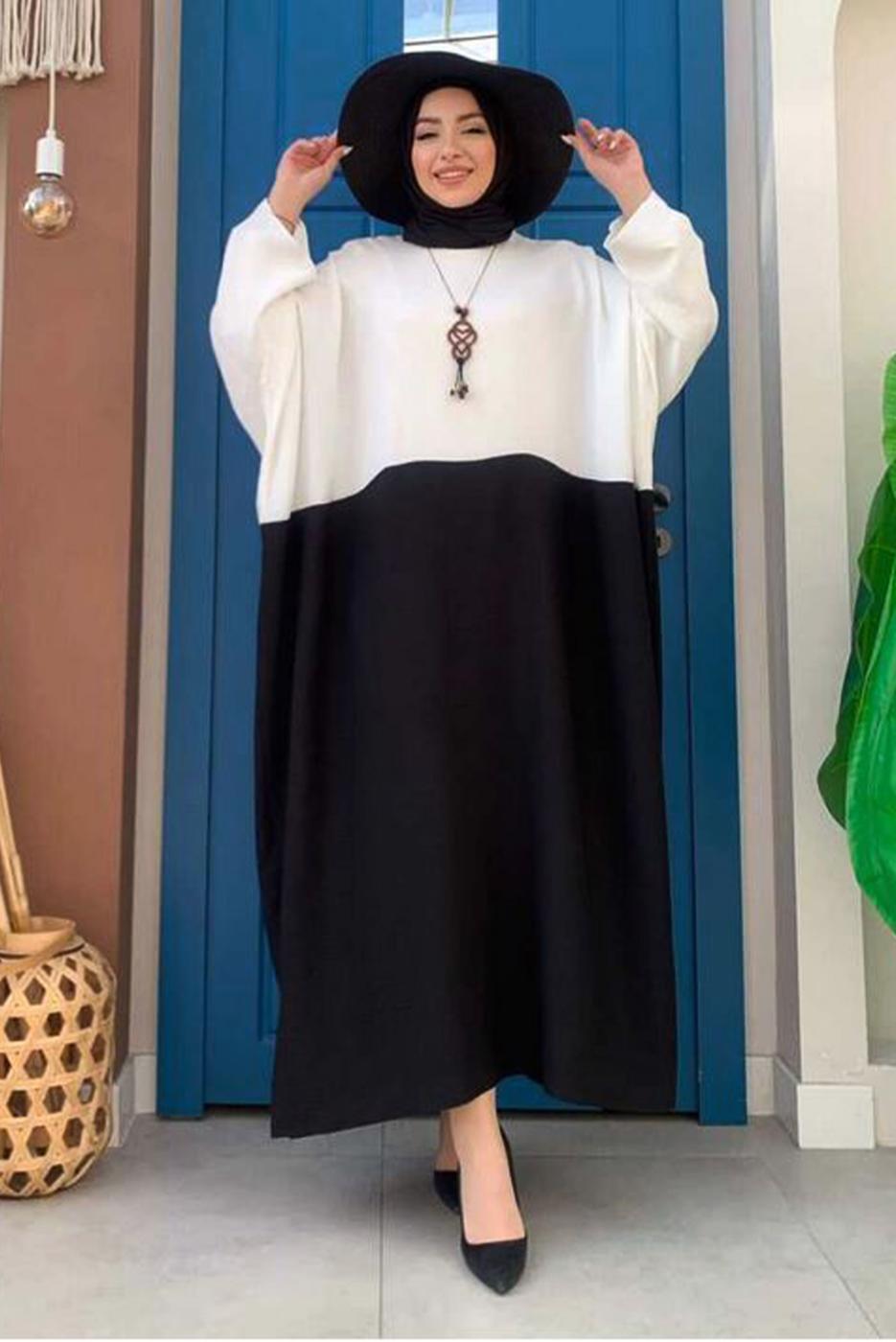 Tesettür giyim EKRU İKİ RENKLİ YARASA KOL SALAŞ ELBİSE T 4083