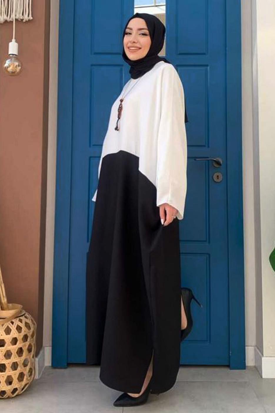 Tesettür giyim EKRU İKİ RENKLİ YARASA KOL SALAŞ ELBİSE T 4083