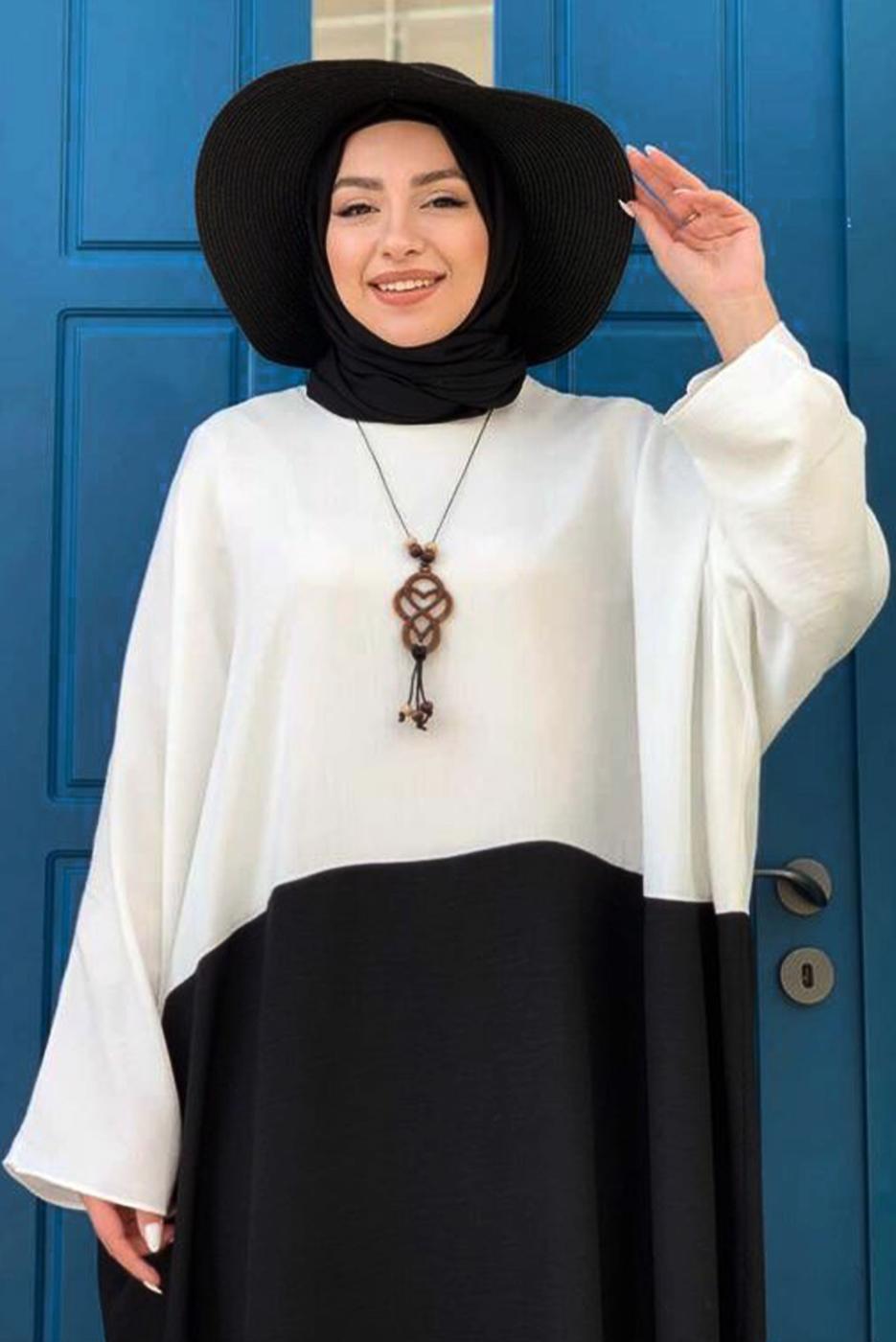 Tesettür giyim EKRU İKİ RENKLİ YARASA KOL SALAŞ ELBİSE T 4083