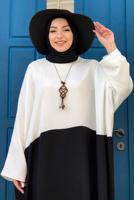 Tesettür giyim EKRU İKİ RENKLİ YARASA KOL SALAŞ ELBİSE T 4083