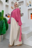 Tesettür giyim FUŞYA İKİ RENKLİ YARASA KOL SALAŞ ELBİSE T 4083