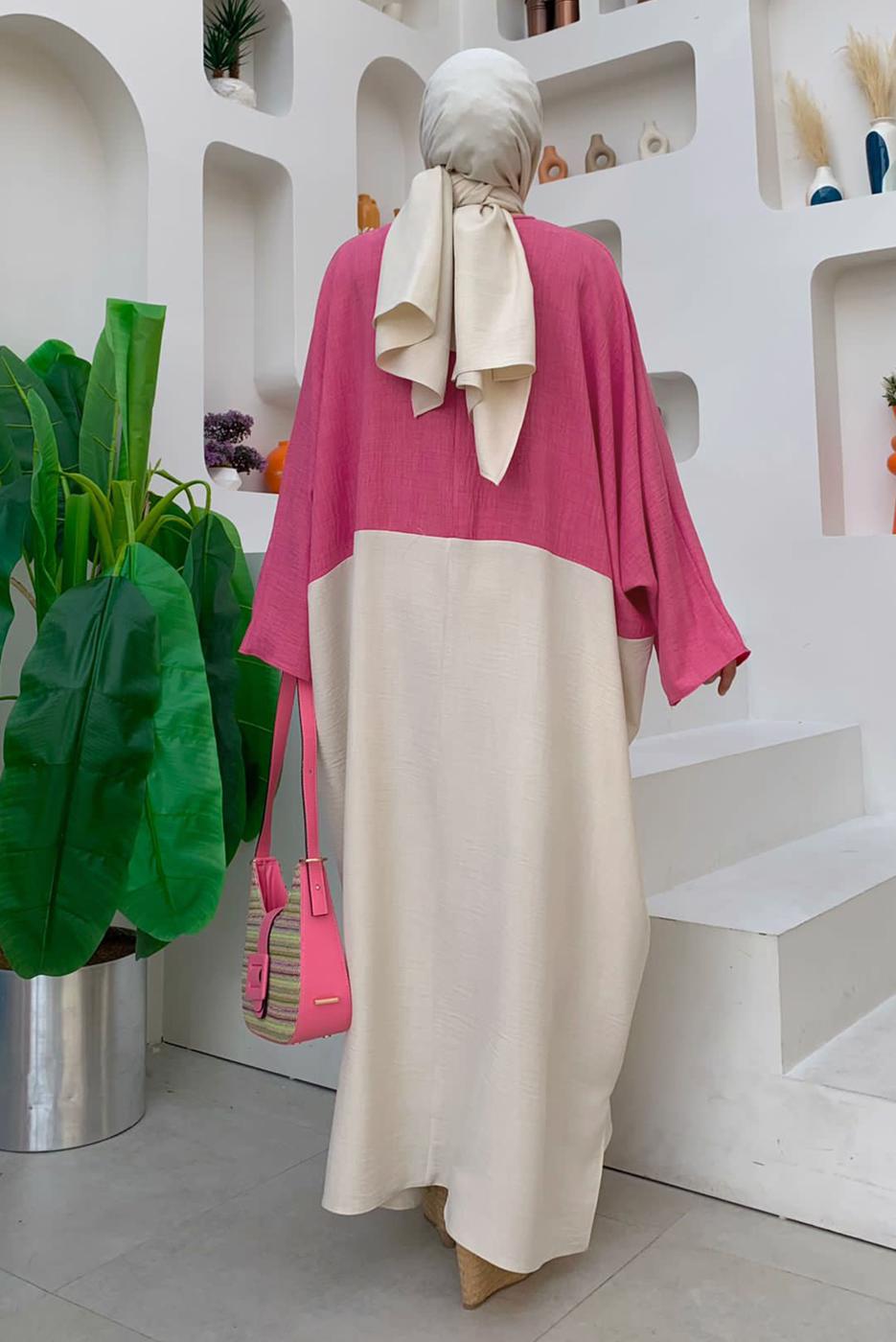 Tesettür giyim FUŞYA İKİ RENKLİ YARASA KOL SALAŞ ELBİSE T 4083