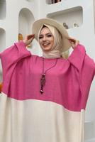 Tesettür giyim FUŞYA İKİ RENKLİ YARASA KOL SALAŞ ELBİSE T 4083