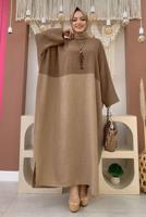 Tesettür giyim KAHVE İKİ RENKLİ YARASA KOL SALAŞ ELBİSE T 4083