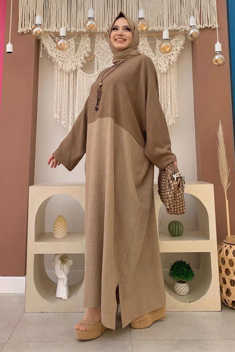 Tesettür giyim KAHVE İKİ RENKLİ YARASA KOL SALAŞ ELBİSE T 4083