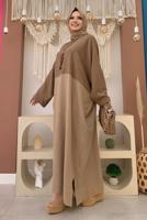 Tesettür giyim KAHVE İKİ RENKLİ YARASA KOL SALAŞ ELBİSE T 4083