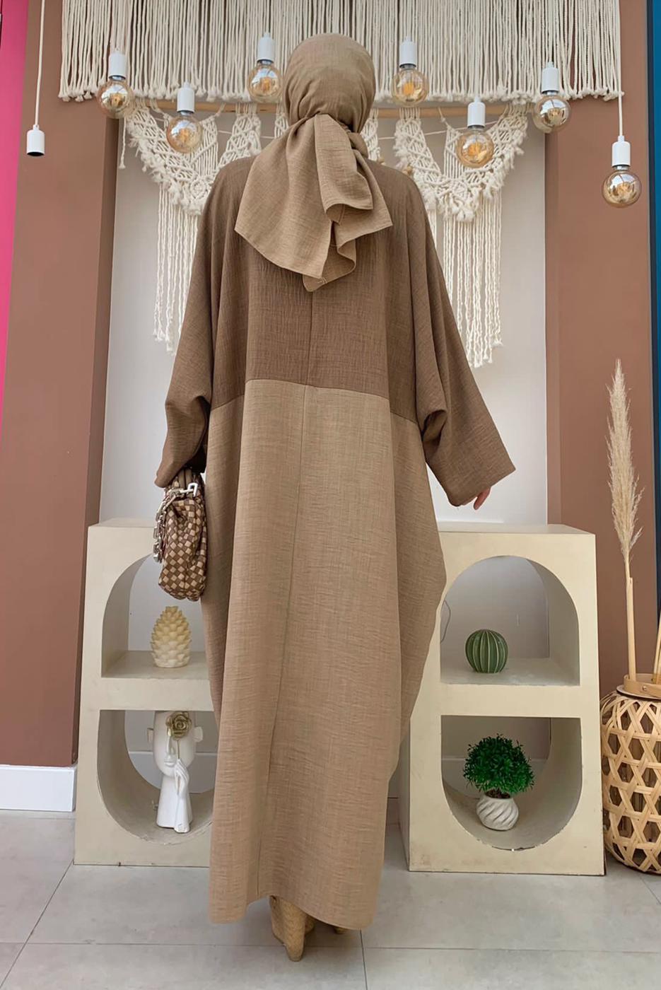 Tesettür giyim KAHVE İKİ RENKLİ YARASA KOL SALAŞ ELBİSE T 4083