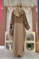 Tesettür giyim KAHVE İKİ RENKLİ YARASA KOL SALAŞ ELBİSE T 4083