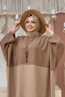 Tesettür giyim KAHVE İKİ RENKLİ YARASA KOL SALAŞ ELBİSE T 4083