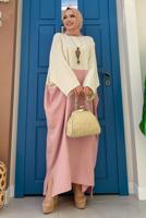 Tesettür giyim PUDRA İKİ RENKLİ YARASA KOL SALAŞ ELBİSE T 4083