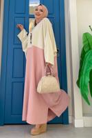 Tesettür giyim PUDRA İKİ RENKLİ YARASA KOL SALAŞ ELBİSE T 4083