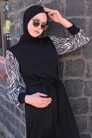 Tesettür giyim SİYAH KOLU ZEBRA DESENLİ KUŞAKLI ELBİSE T 4090