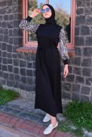 Tesettür giyim SİYAH KOLU ZEBRA DESENLİ KUŞAKLI ELBİSE T 4090
