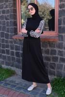Tesettür giyim SİYAH KOLU ZEBRA DESENLİ KUŞAKLI ELBİSE T 4090