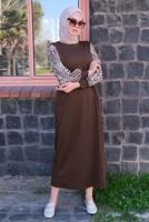Tesettür giyim KAHVE KOLU ZEBRA DESENLİ KUŞAKLI ELBİSE T 4090