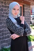Tesettür giyim SİYAH KOLU BONCUK DETAYLI KUŞAKLI ELBİSE T 4110
