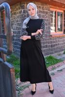 Tesettür giyim SİYAH KOLU BONCUK DETAYLI KUŞAKLI ELBİSE T 4110