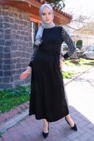 Tesettür giyim SİYAH KOLU BONCUK DETAYLI KUŞAKLI ELBİSE T 4110