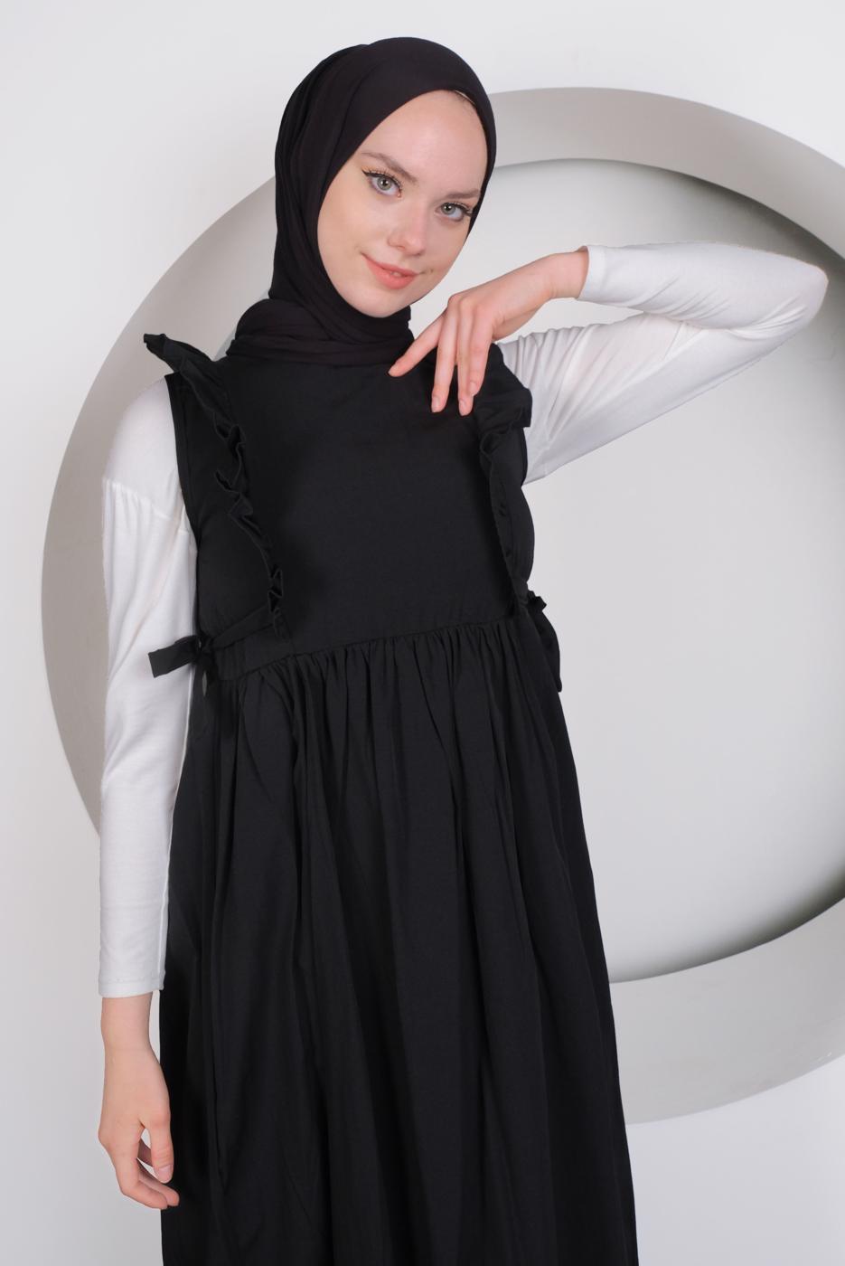 Tesettür giyim SİYAH FIRFIRLI BAĞLAMA DETAYLI JİLE ELBİSE T 4130