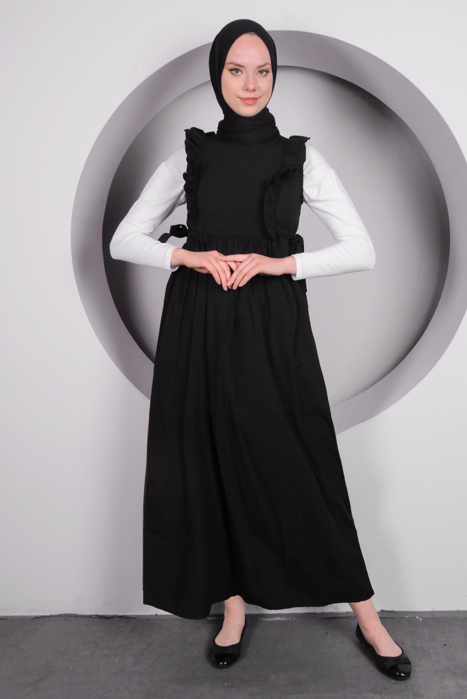 Tesettür giyim SİYAH FIRFIRLI BAĞLAMA DETAYLI JİLE ELBİSE T 4130