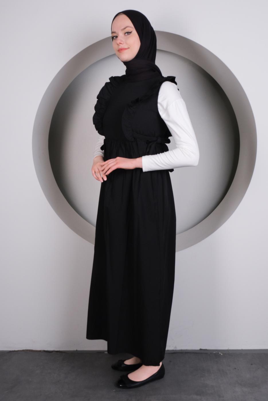 Tesettür giyim SİYAH FIRFIRLI BAĞLAMA DETAYLI JİLE ELBİSE T 4130
