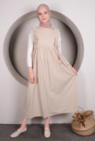Tesettür giyim BEJ FIRFIRLI BAĞLAMA DETAYLI JİLE ELBİSE T 4130