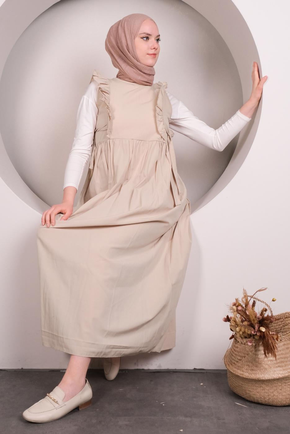 Tesettür giyim BEJ FIRFIRLI BAĞLAMA DETAYLI JİLE ELBİSE T 4130