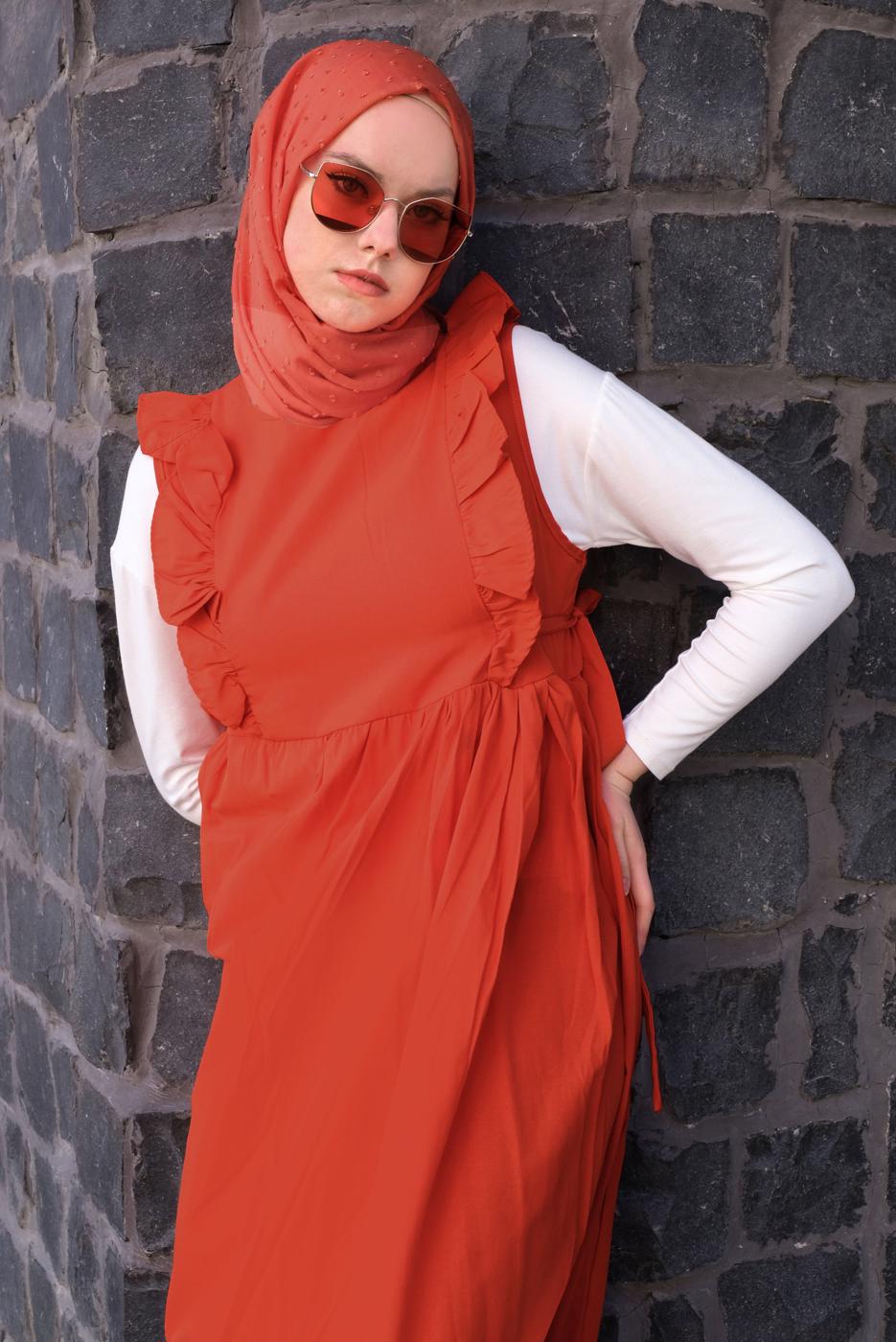 Tesettür giyim TURUNCU FIRFIRLI BAĞLAMA DETAYLI JİLE ELBİSE T 4130