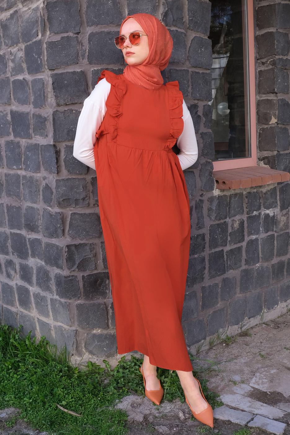 Tesettür giyim TURUNCU FIRFIRLI BAĞLAMA DETAYLI JİLE ELBİSE T 4130