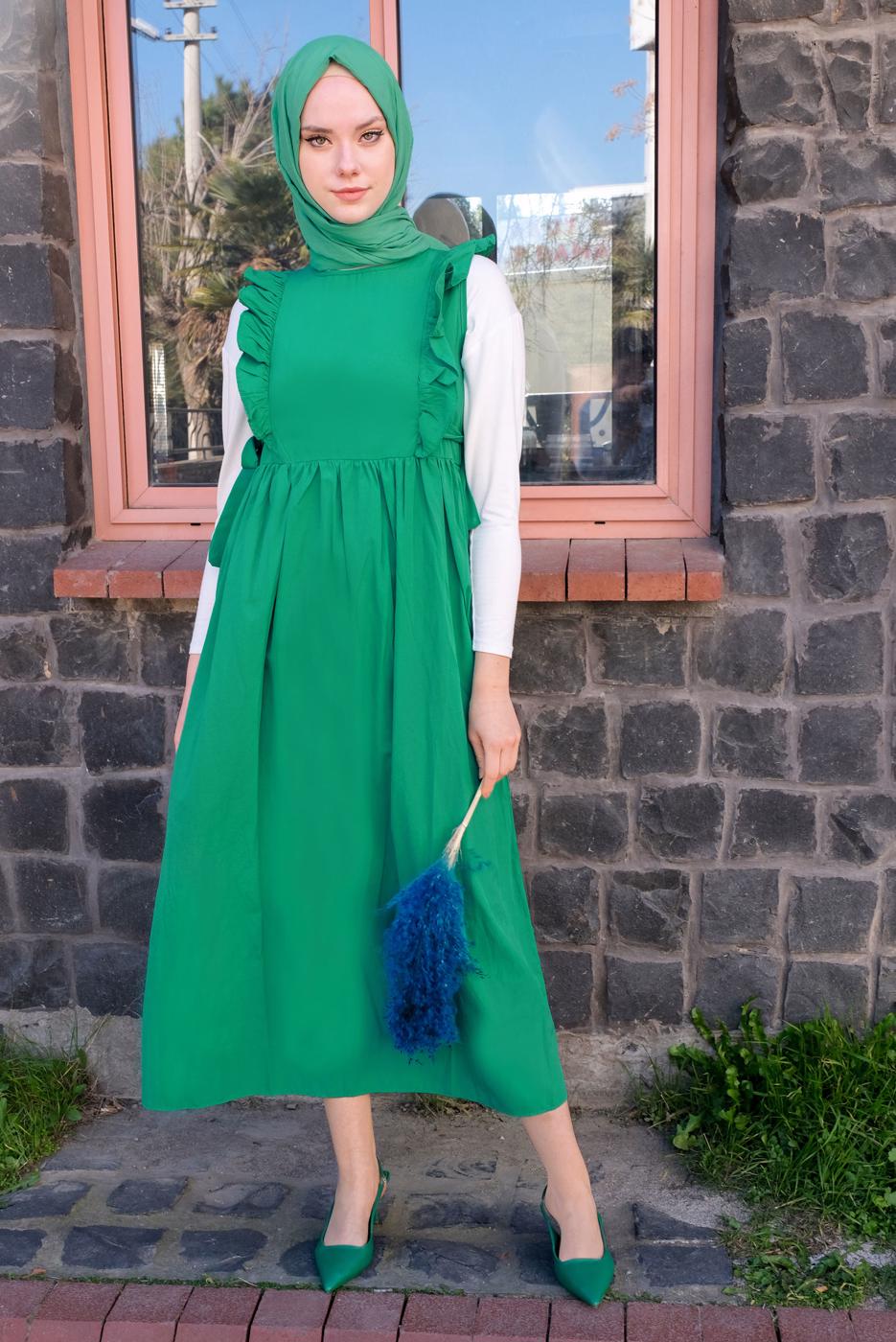 Tesettür giyim YEŞİL FIRFIRLI BAĞLAMA DETAYLI JİLE ELBİSE T 4130